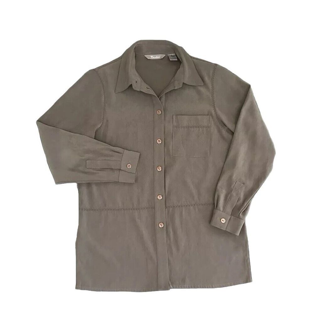 TanJay Women's Embroidered Shirt Button Up Olive Green‎ Long Sleeve Size S
